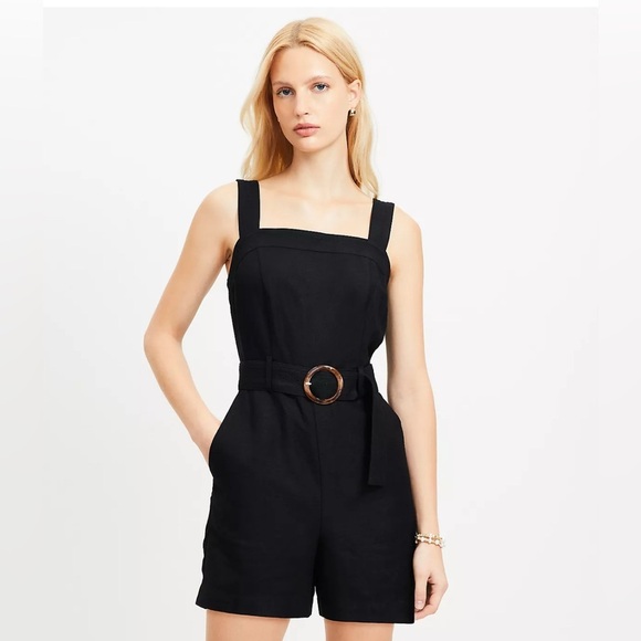 LOFT Linen Blend Belted Strappy Romper in Black - Picture 2 of 8